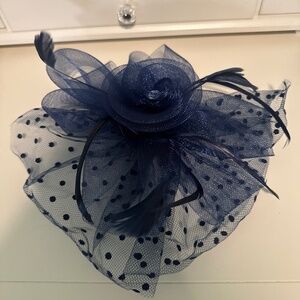 Navy Blue Polka Dot Fascinator Hat Clip with Feathers